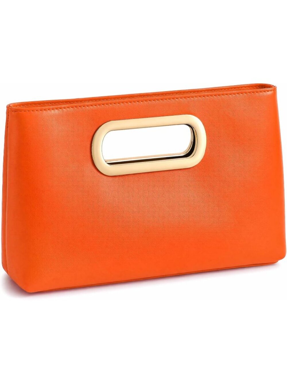 Women's Orange Clutch Handbag Modern Faux Leather with Metal Handle Evening Bag